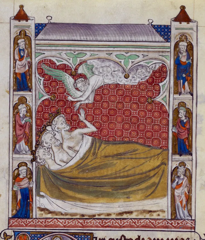 Medieval old painting showing three men in bed with a winged angel above, an example of hilariously bad art.