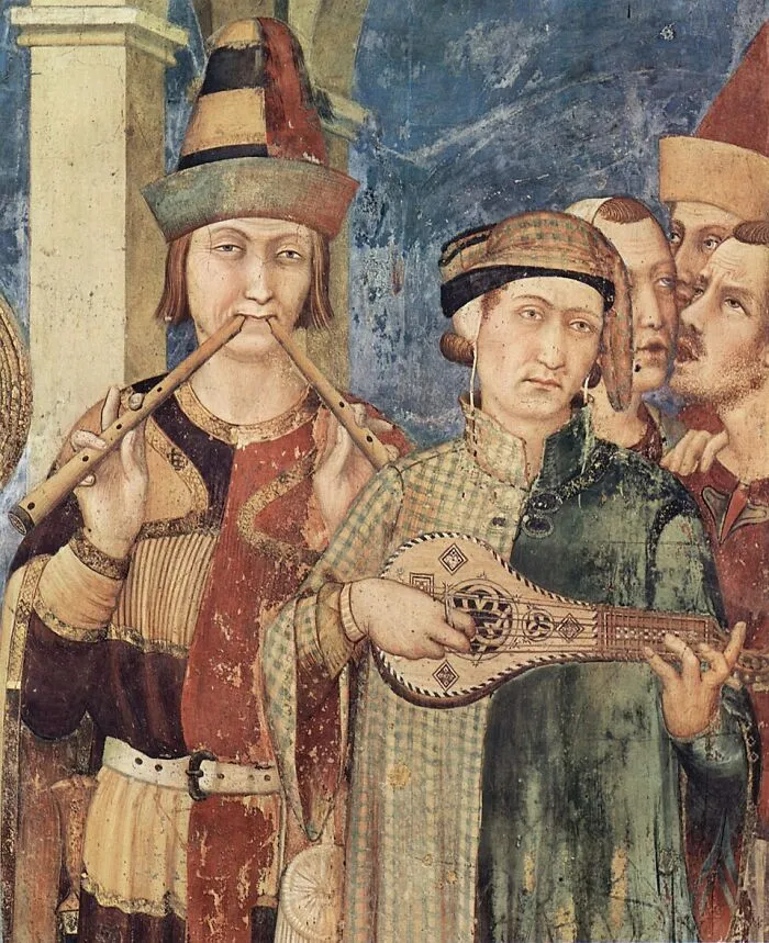 Old paintings featuring musicians in colorful medieval attire with quirky expressions and worn textures.