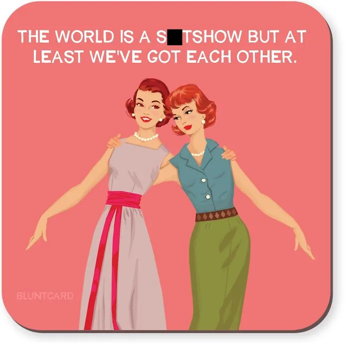 Two women embracing, conveying dark humor and friendship with Bluntcards vintage style.