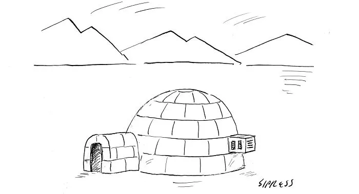 New Yorker cartoon by David Sipress depicting a humorous igloo with an air conditioning unit in a snowy landscape.
