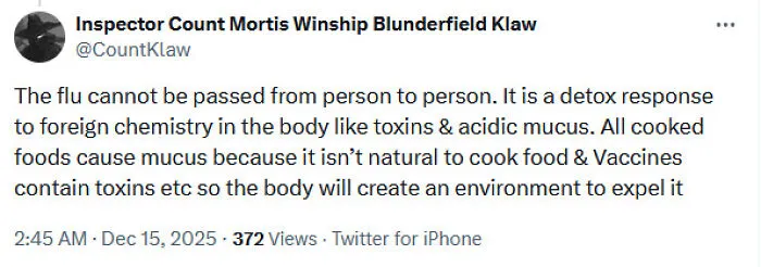 A viral tweet spreading medical misinformation about the flu, vaccines, and toxins, sparking online criticism.