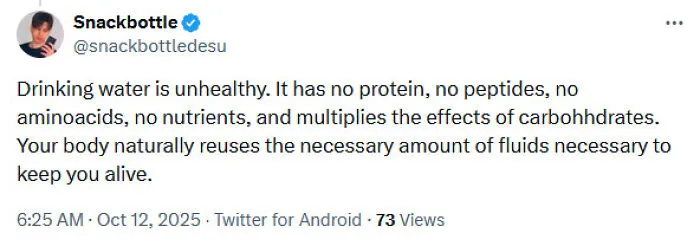 Tweet claiming drinking water is unhealthy with false medical knowledge shared and criticized online on social media platform.