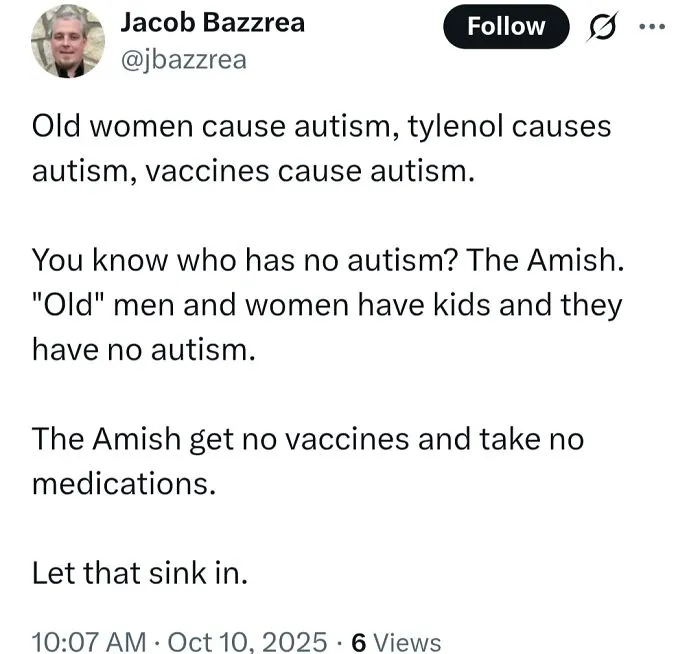 Screenshot of a social media post spreading misinformation about vaccines, autism, and medical knowledge.