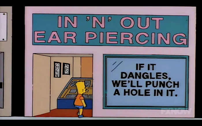 Bart Simpson entering a shop with a humorous sign, showcasing one of the best signs featured in The Simpsons.