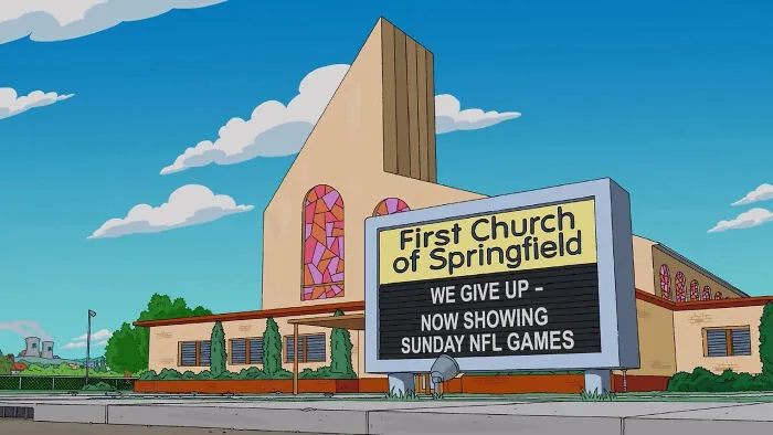 The Simpsons scene showing a church sign with humorous text about Sunday NFL games in Springfield.