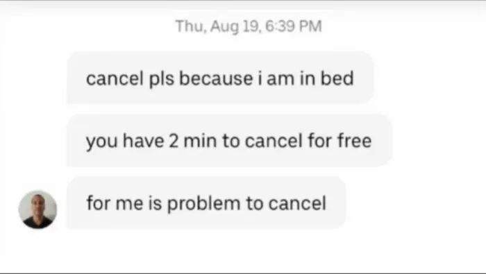 Screenshot of funny and unhinged text messages between an Uber driver and passenger about canceling a ride.