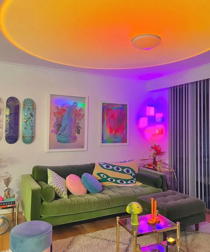 Colorful living room interior design with vibrant lighting, eclectic decor, and modern furniture for a cool interior design idea.