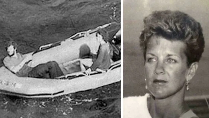 Black and white image showing a woman, and a small boat with two people, representing unsettling history and crime cases.