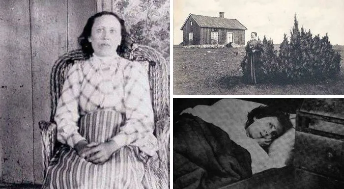 Three vintage black and white photos depicting unsettling history and crime, including a woman seated, a remote house, and a person in bed.