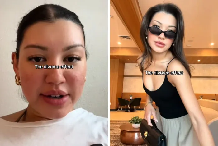 Mujer mostrando el impacto del efecto divorcio en fotos de antes y después con cambios visibles y actitud renovada.