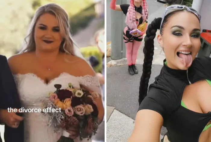 Mujer en vestido de novia con ramo y la misma mujer sonriente demostrando el efecto del divorcio en fotos antes y después.