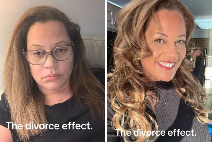 Mujer mostrando el efecto del divorcio, con fotos antes y después, evidenciando un cambio positivo y felicidad.