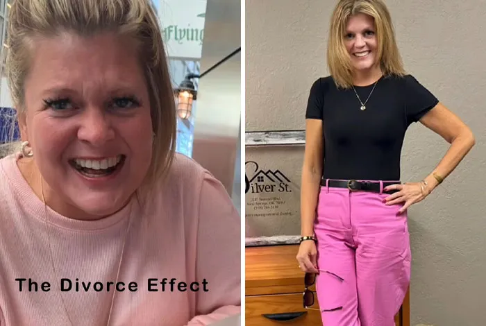 Mujer sonriente antes y después de su divorcio, mostrando el impacto positivo del efecto del divorcio en su vida.