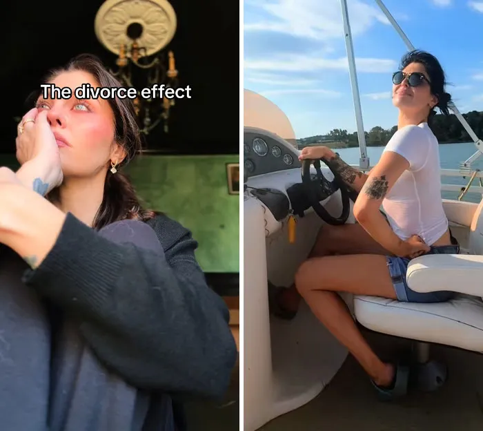 Mujer mostrando el efecto del divorcio con fotos comparativas antes y después, reflejando cambios positivos y libertad.