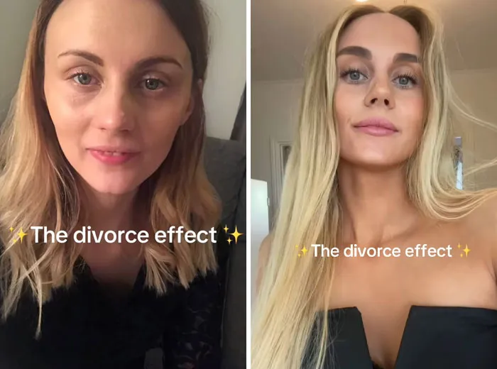 Mujer en fotos antes y después mostrando el efecto del divorcio que mejoró su vida y apariencia personal.