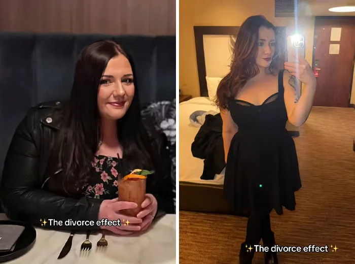 Mujer posando en dos fotos antes y después mostrando el efecto del divorcio en su transformación personal y confianza.