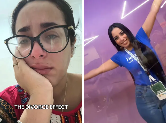 Mujer antes y después del divorcio, mostrando el efecto positivo del divorcio en su vida y felicidad personal.