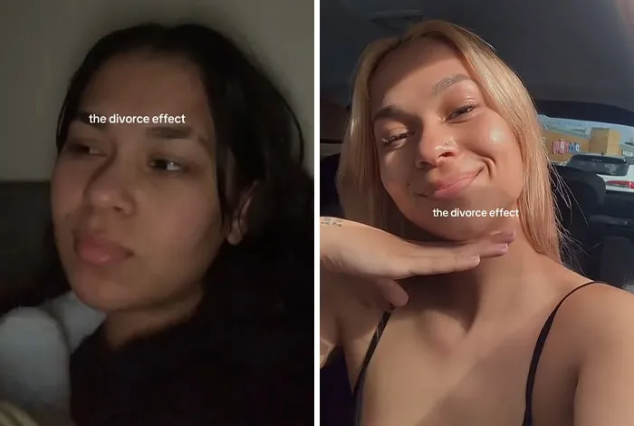 Mujer en fotos antes y después mostrando el efecto del divorcio, con expresión seria y después sonriente y radiante.