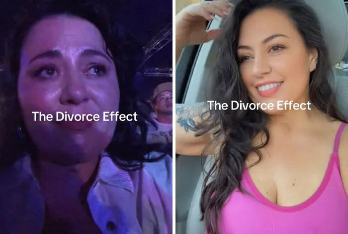 Mujer mostrando el efecto del divorcio en fotos antes y después que reflejan cambios positivos en su vida.