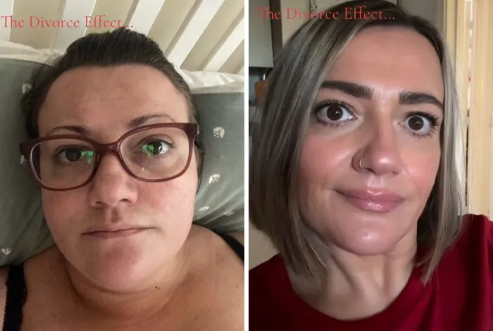 Mujer mostrando el efecto del divorcio con fotos de antes y después, destacando cambios positivos en su vida.