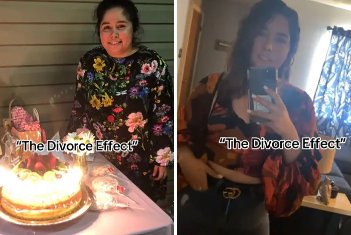 Mujer mostrando cambios antes y después del divorcio, ilustrando el efecto positivo del divorcio en su vida.