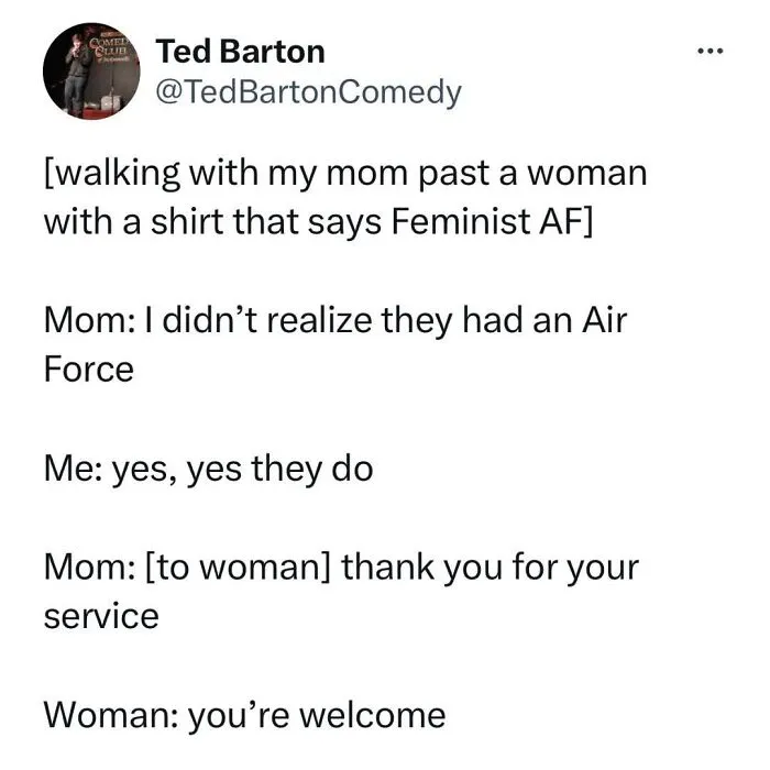 Tweet exchange showing a humorous feminist post calling out the patriarchy with a clever Air Force shirt joke.
