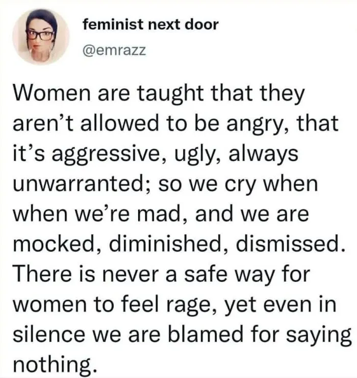 Screenshot of a feminist post calling out the patriarchy, highlighting the challenges women face expressing anger and rage.