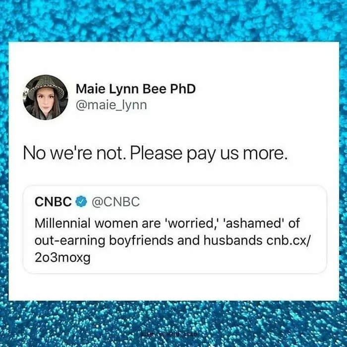 Feminist post responding to patriarchy claim, demanding higher pay for women out-earning partners on social media.