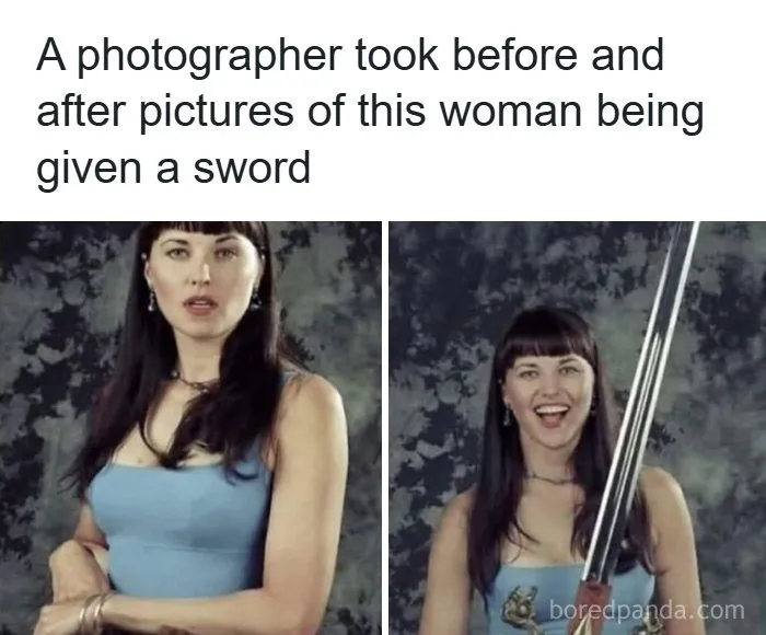 Before and after photos of a woman smiling confidently while being given a sword, symbolizing feminist empowerment.