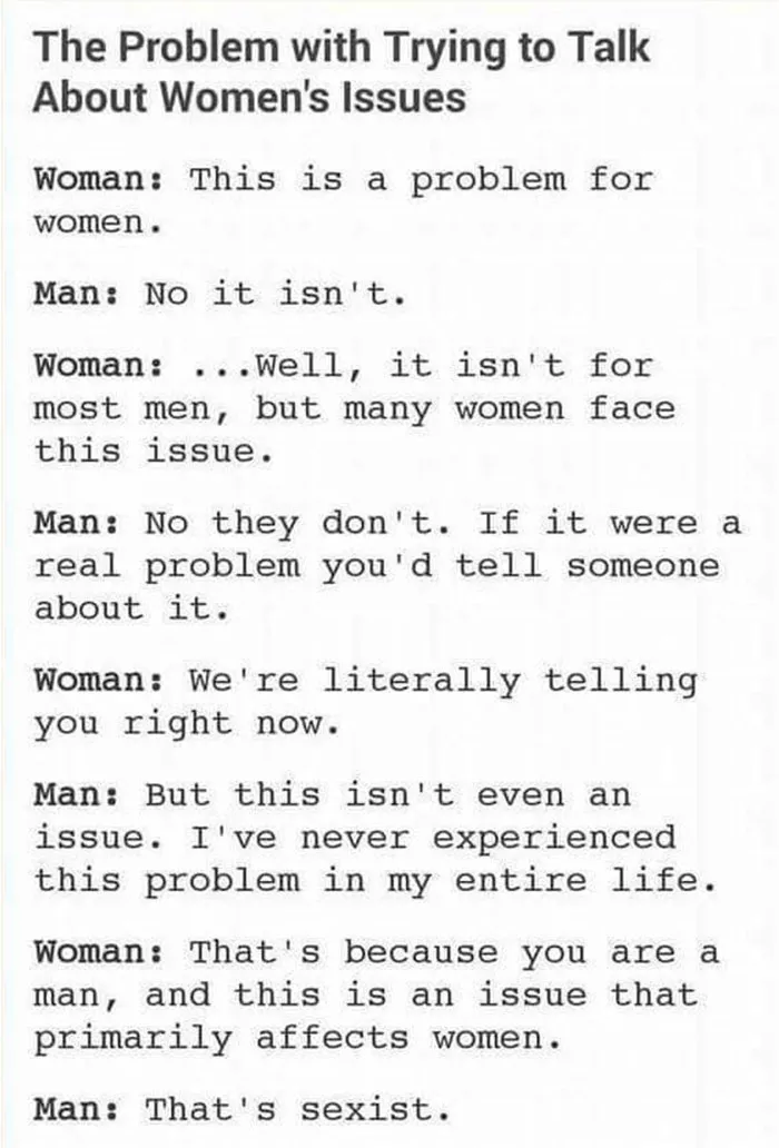 Conversation highlighting the problem with discussing women's issues, calling out patriarchy and sexism in feminist posts.