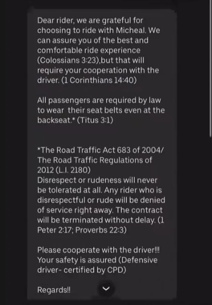 Screenshot of a humorous Uber driver text emphasizing passenger cooperation, safety, and seat belt laws.