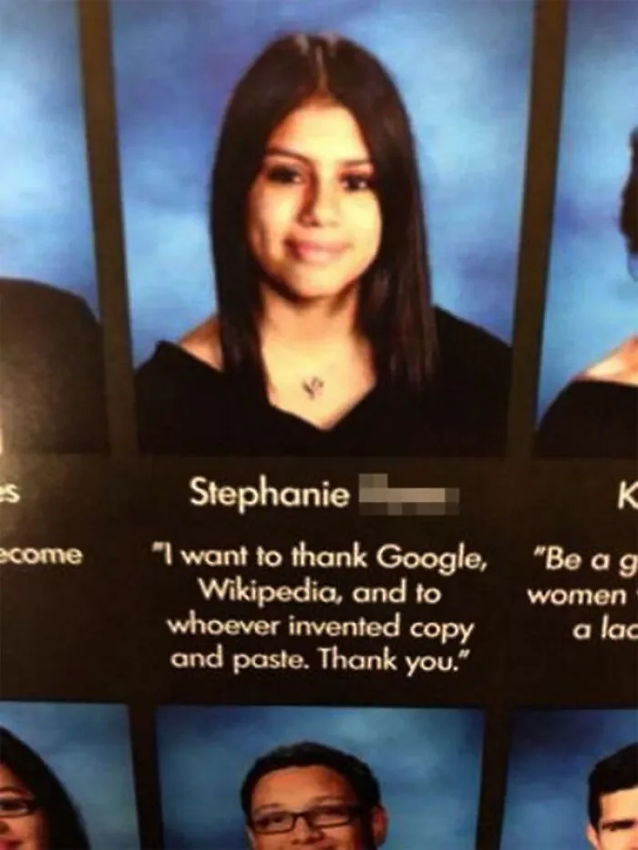 Female student portrait with a humorous wild yearbook quote thanking Google, Wikipedia, and copy-paste invention.