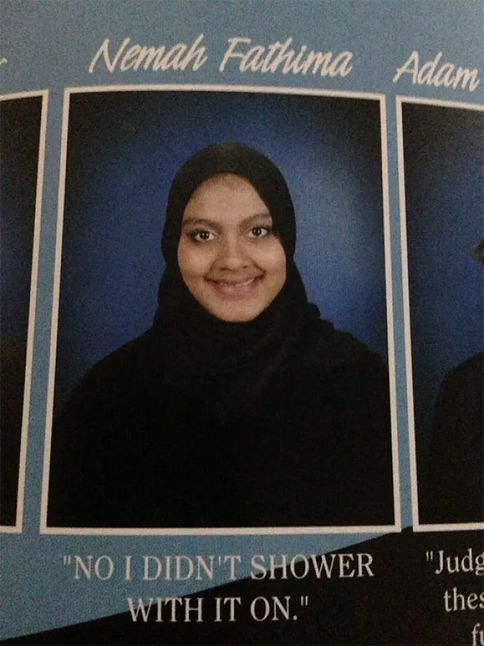 Yearbook photo of a student with a humorous quote, showcasing wild yearbook quotes full of student humor.