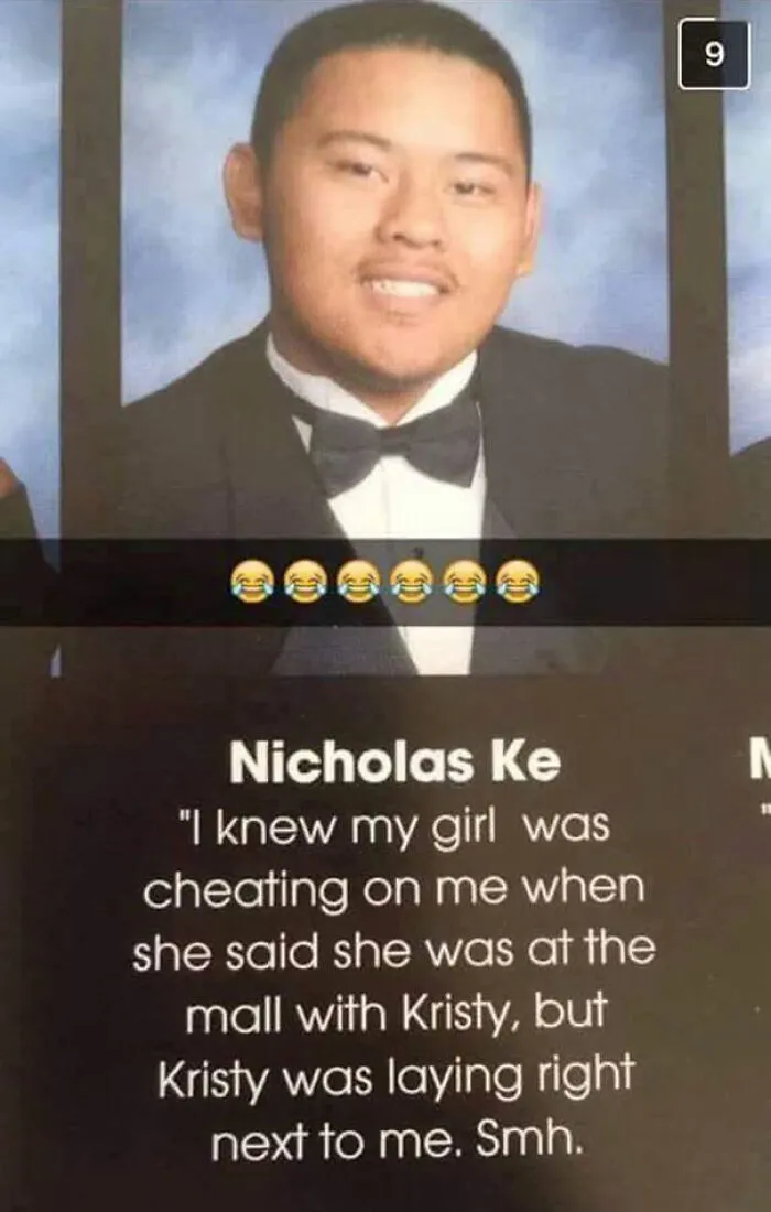 Yearbook photo of a student in tuxedo with a humorous quote about catching a cheating girlfriend included in wild yearbook quotes.
