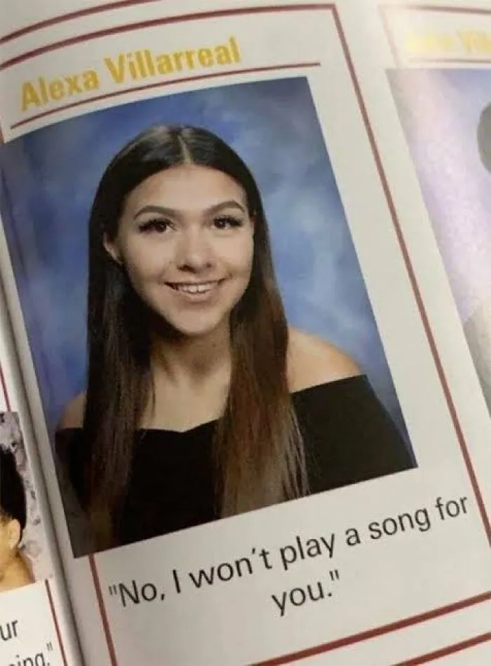 Senior yearbook quote from student Alexa Villarreal with a humorous wild yearbook quote about not playing a song.