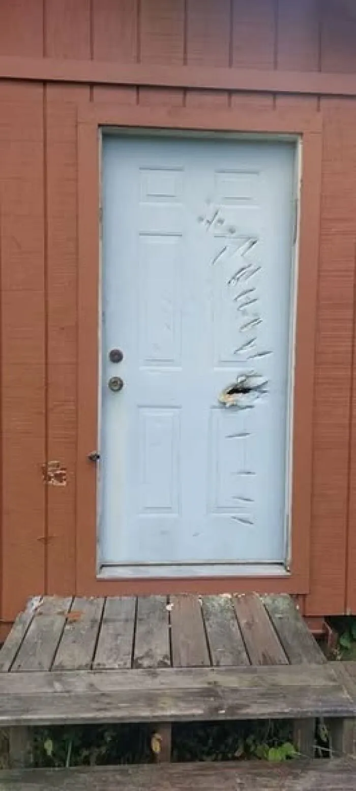 Puerta blanca dañada con marcas y agujero, imagen de personas con un peor día que tú en momentos desafortunados.