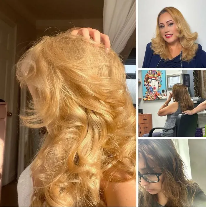 Blonde woman showing a disastrous hairstyle with big curls alongside other unusual hairstyles in a salon setting.