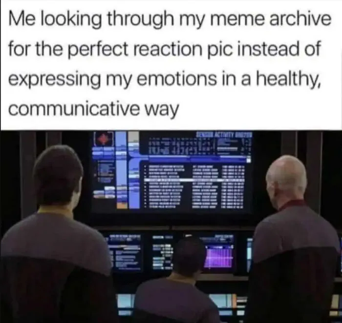 Three characters from science fiction series studying data screens with caption about finding perfect reaction meme for relatable science fiction nerds.