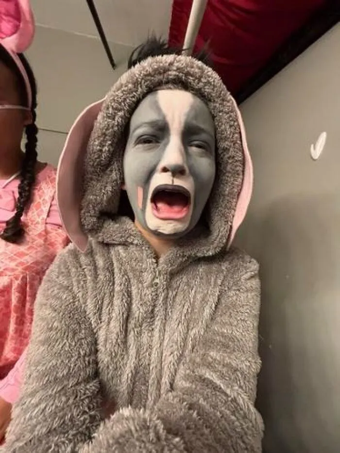 Person in gray furry costume with stage makeup showing a dramatic, mildly cursed expression on stage.