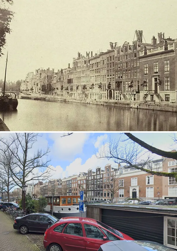 Keizersgracht, Ámsterdam, 1857. Durante la sesión fotográfica más antigua conocida de casas típicas de los canales holandeses.