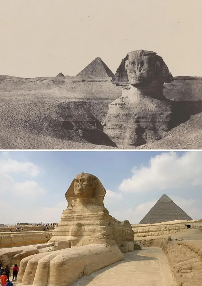 The Great Sphinx and pyramids historic site photos showing history repeated over time in Egypt desert.