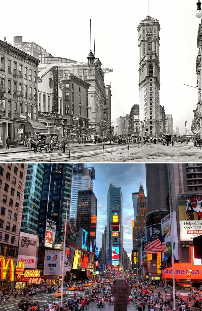 Historic site photos showing New York City's Times Square in past and present, highlighting history repeated through urban change.