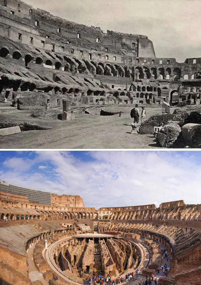 Historic site photos showing the Colosseum's interior, comparing past and present views of this iconic landmark.