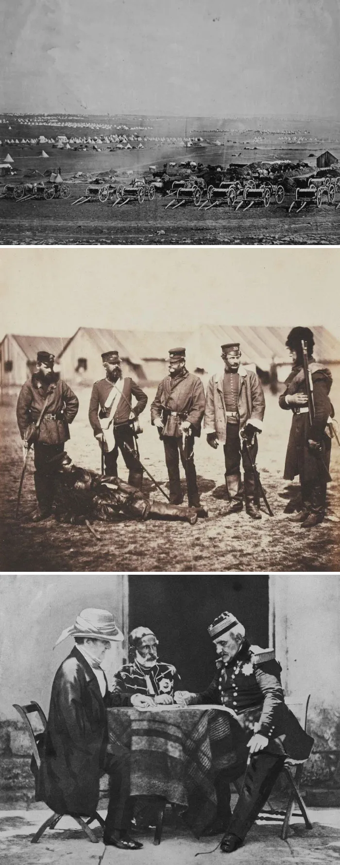 Historic site photos showing military camp, soldiers in uniforms, and officers discussing strategy at a table outdoors.