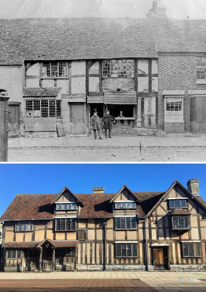 La casa de William Shakespeare antes de la extensa restauración de 1857-1864 y ahora.