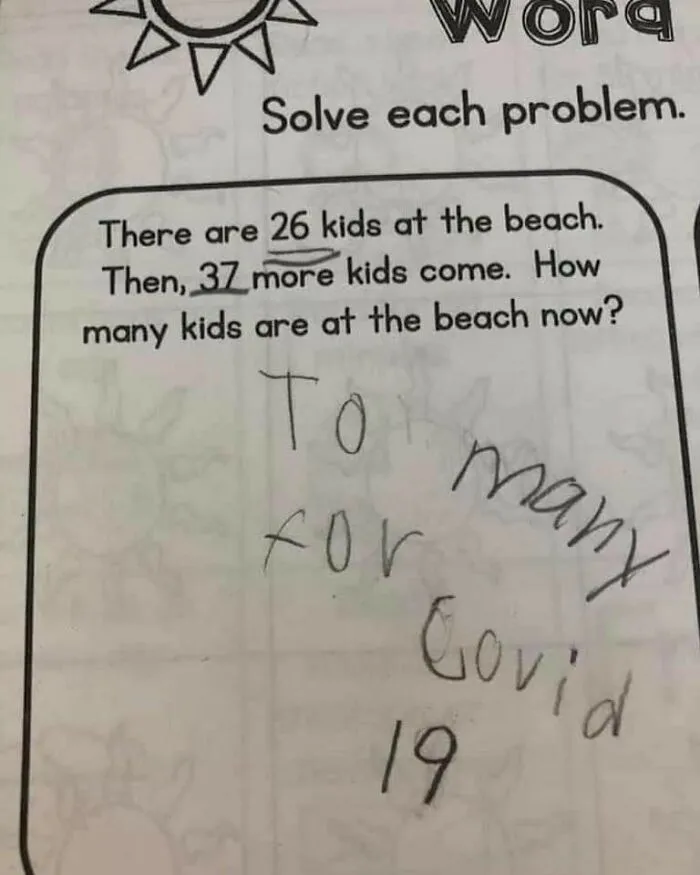 Child’s math worksheet showing a word problem about kids at the beach with an answer referencing living in a dystopia.