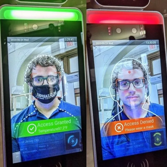 Facial recognition device showing access granted and denied with mask detection, illustrating dystopia technology in daily life.