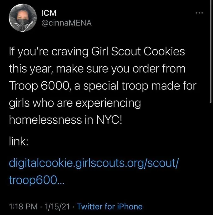 Tweet about ordering Girl Scout Cookies from Troop 6000, a troop supporting girls facing homelessness in NYC, highlighting dystopia reality.
