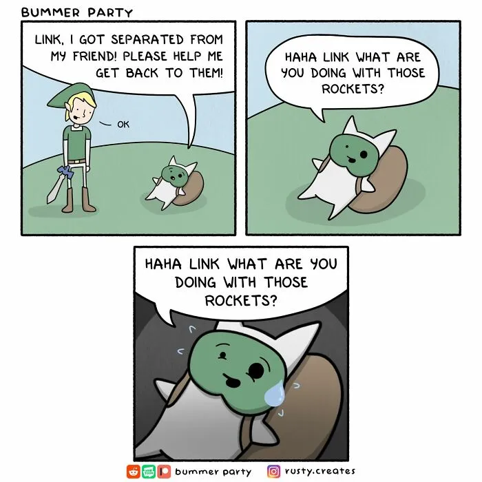 Cartoonist’s comic shows awkward social discomfort with a character nervously asking about rockets in a humorous setting.