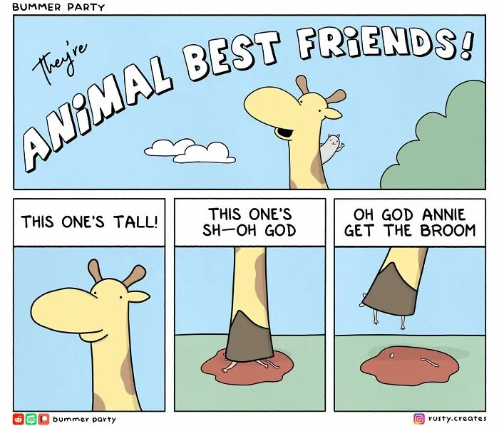 Cartoon comedy depicting awkward social moments and discomfort through humorous animal characters in a colorful comic strip.